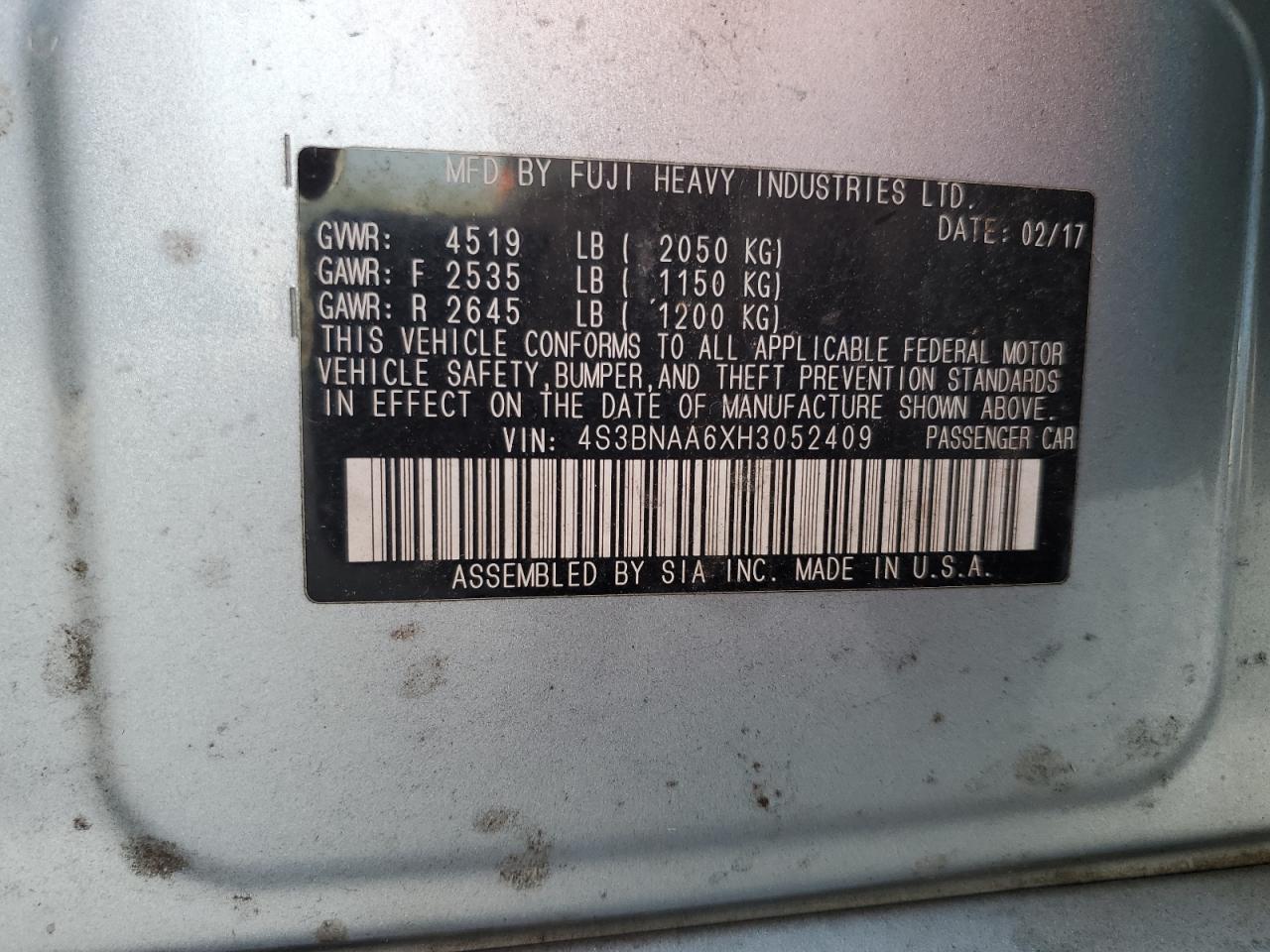 2017 Subaru Legacy 2.5I VIN: 4S3BNAA6XH3052409 Lot: 80657915