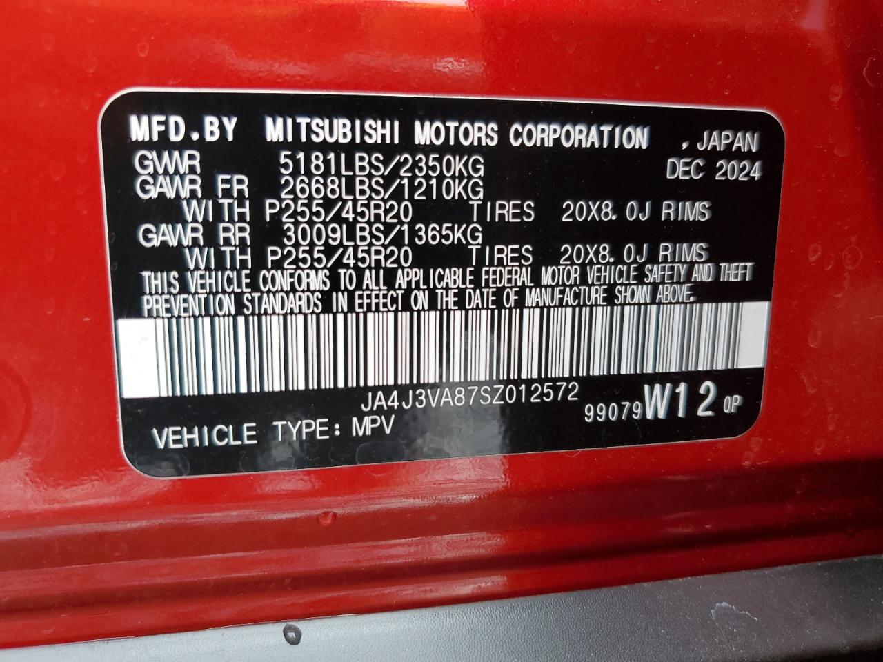 2025 Mitsubishi Outlander Se VIN: JA4J3VA87SZ012572 Lot: 80661745