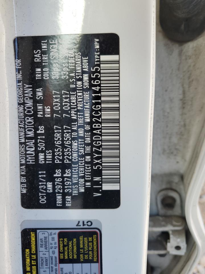 2012 Hyundai Santa Fe Gls VIN: 5XYZGDAB2CG114655 Lot: 81423545