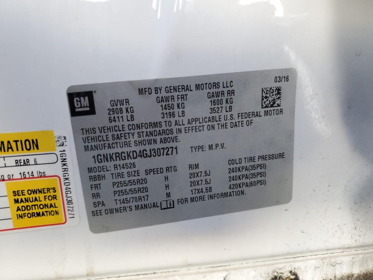 2016 Chevrolet Traverse Lt VIN: 1GNKRGKD4GJ307271 Lot: 71929775