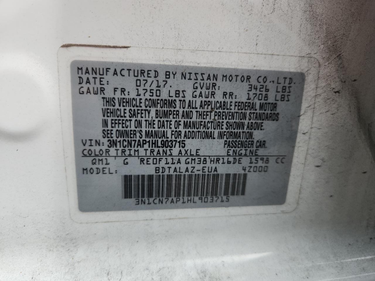 2017 Nissan Versa S VIN: 3N1CN7AP1HL903715 Lot: 81570295