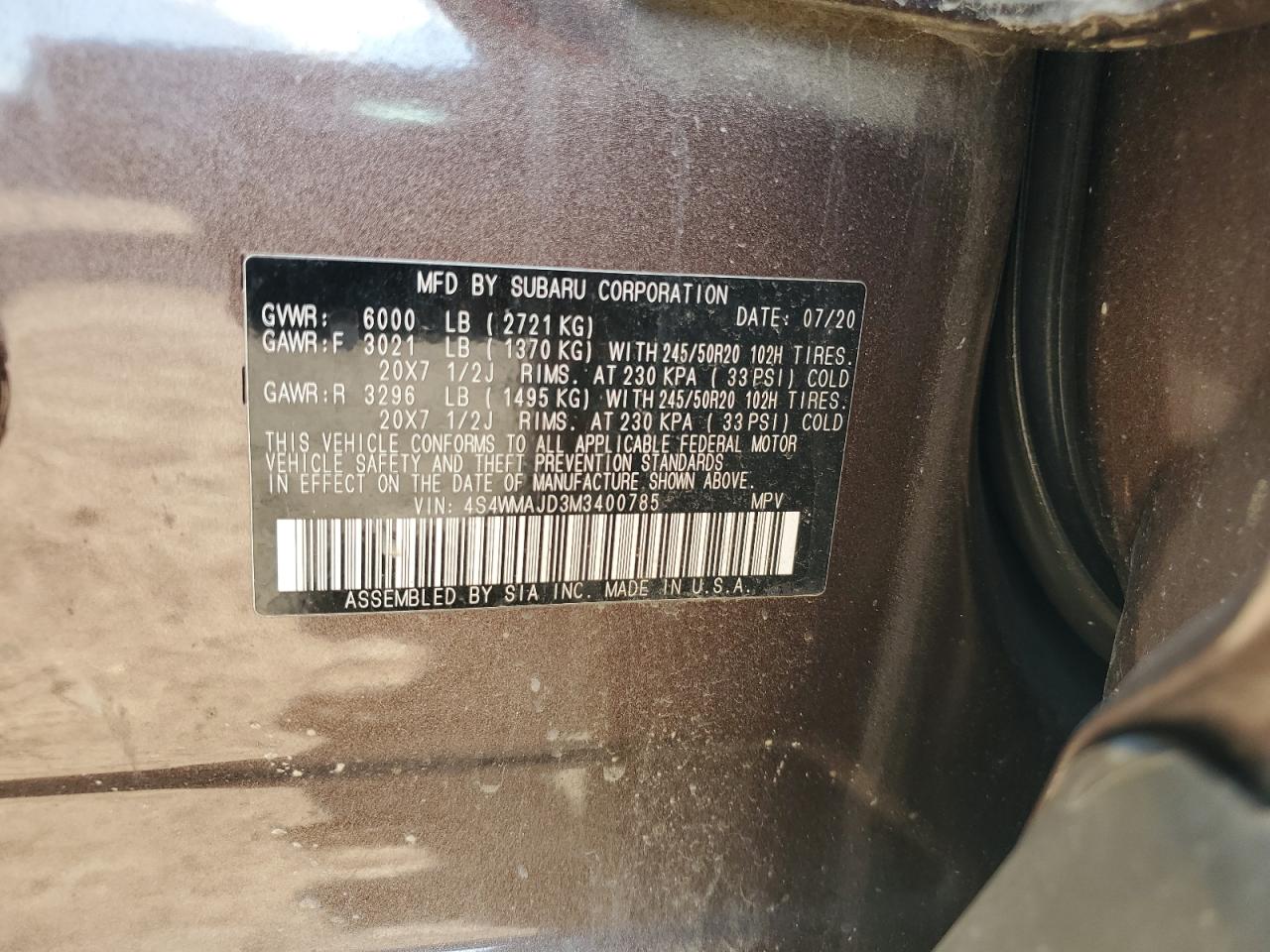 2021 Subaru Ascent Limited VIN: 4S4WMAJD3M3400785 Lot: 84257385