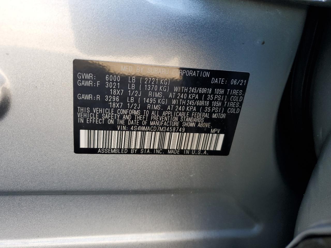 2021 Subaru Ascent Premium VIN: 4S4WMACD7M3458749 Lot: 71532795