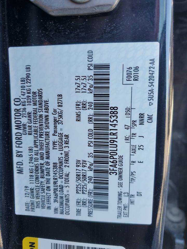 2020 Ford Fusion Se VIN: 3FA6P0LU9LR145388 Lot: 71909085