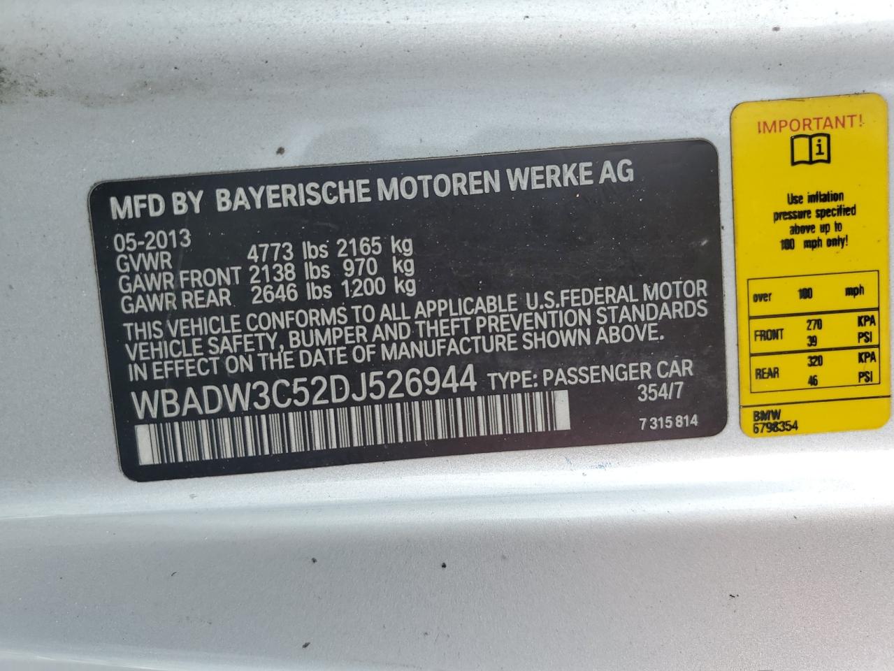 2013 BMW 328 I VIN: WBADW3C52DJ526944 Lot: 81547835