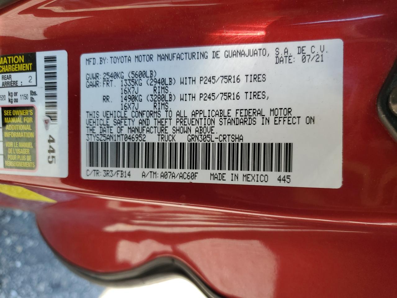 2021 Toyota Tacoma Access Cab VIN: 3TYSZ5AN1MT046952 Lot: 71739305