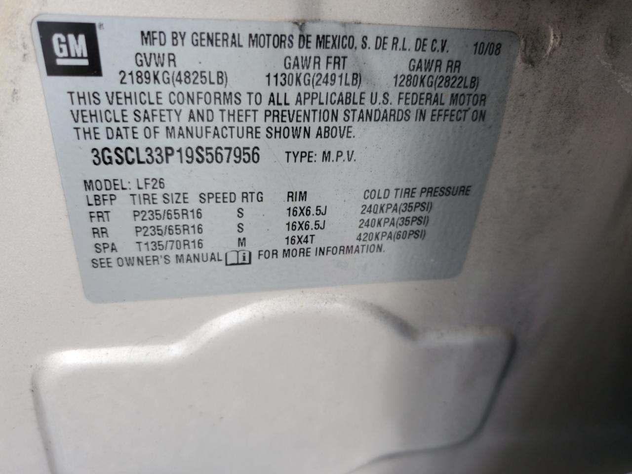 2009 Saturn Vue Xe VIN: 3GSCL33P19S567956 Lot: 81861445