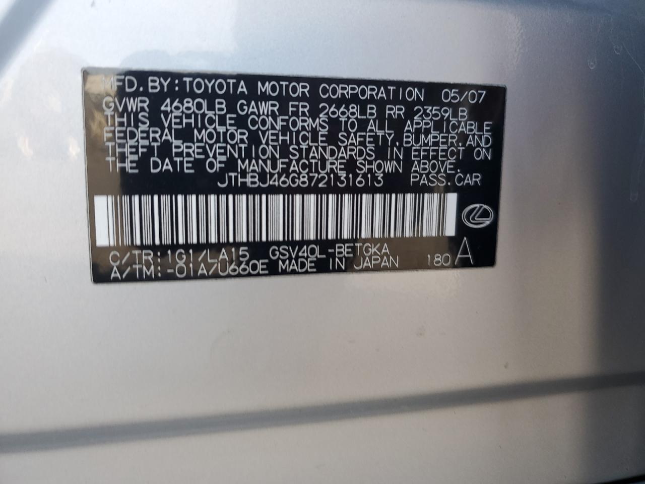 2007 Lexus Es 350 VIN: JTHBJ46G872131613 Lot: 80312995