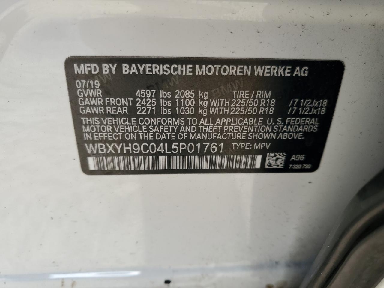 2020 BMW X2 Sdrive28I VIN: WBXYH9C04L5P01761 Lot: 80639925