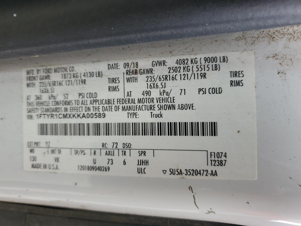 2019 Ford Transit T-250 VIN: 1FTYR1CMXKKA00589 Lot: 86442965