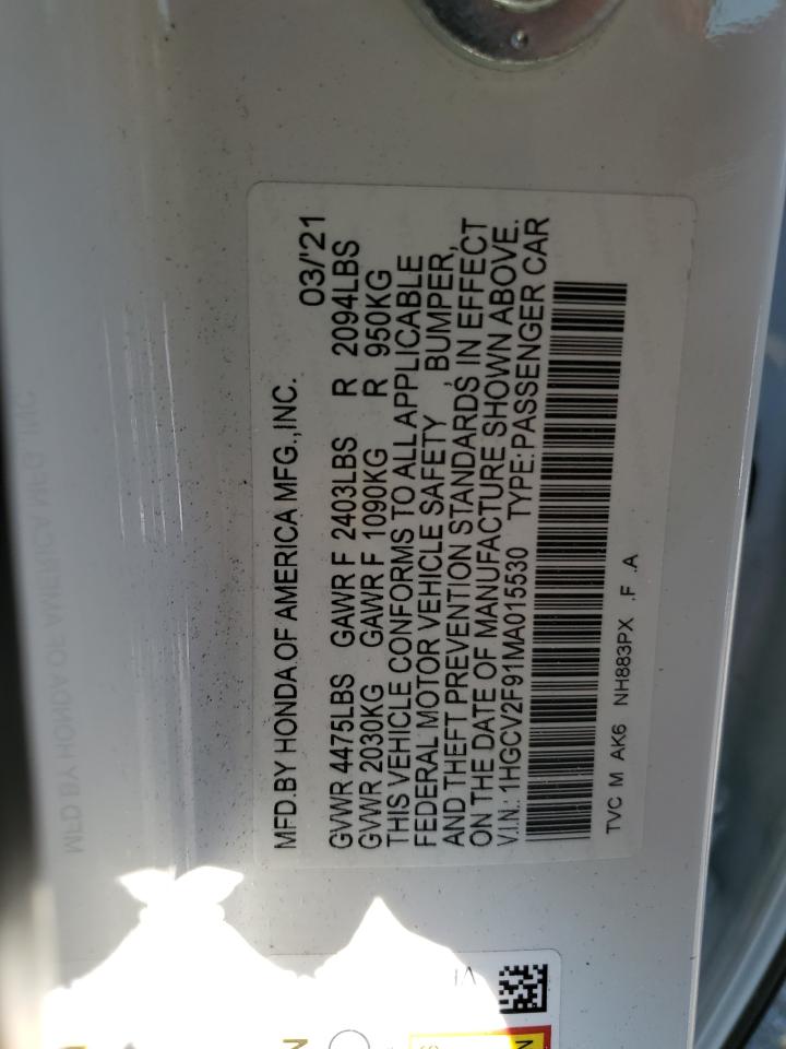 2021 Honda Accord Touring VIN: 1HGCV2F91MA015530 Lot: 71623945
