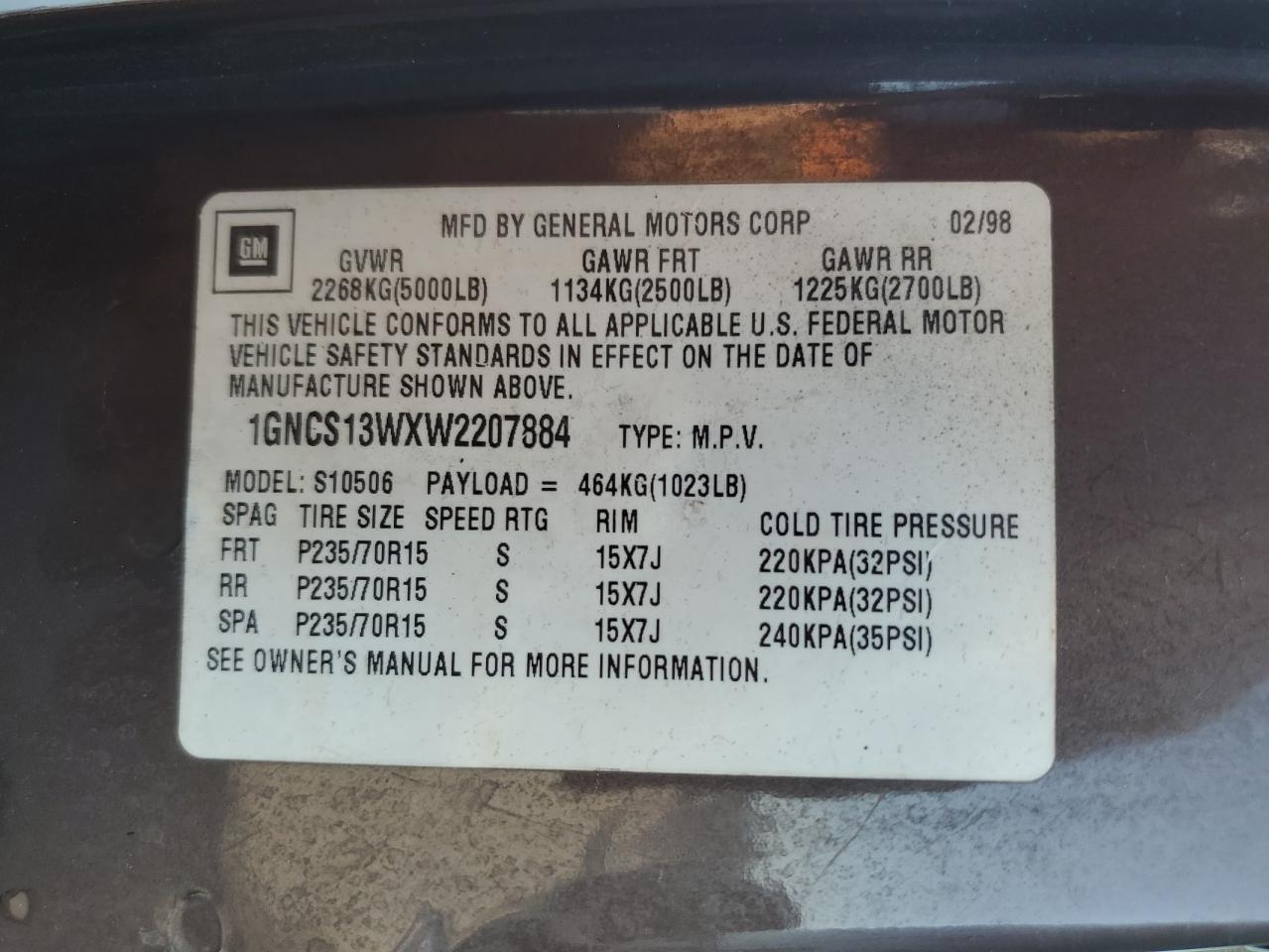 1998 Chevrolet Blazer VIN: 1GNCS13WXW2207884 Lot: 80690405