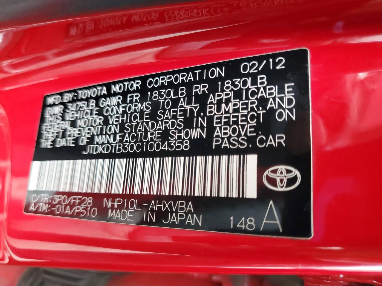 2012 Toyota Prius C VIN: JTDKDTB30C1004358 Lot: 81912515