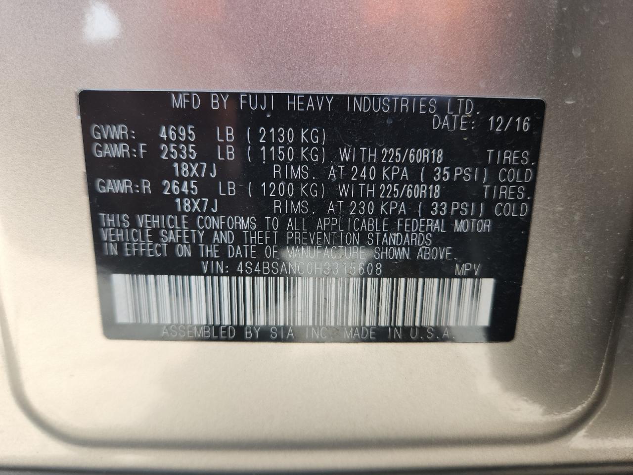 2017 Subaru Outback 2.5I Limited VIN: 4S4BSANC0H3315608 Lot: 71412305