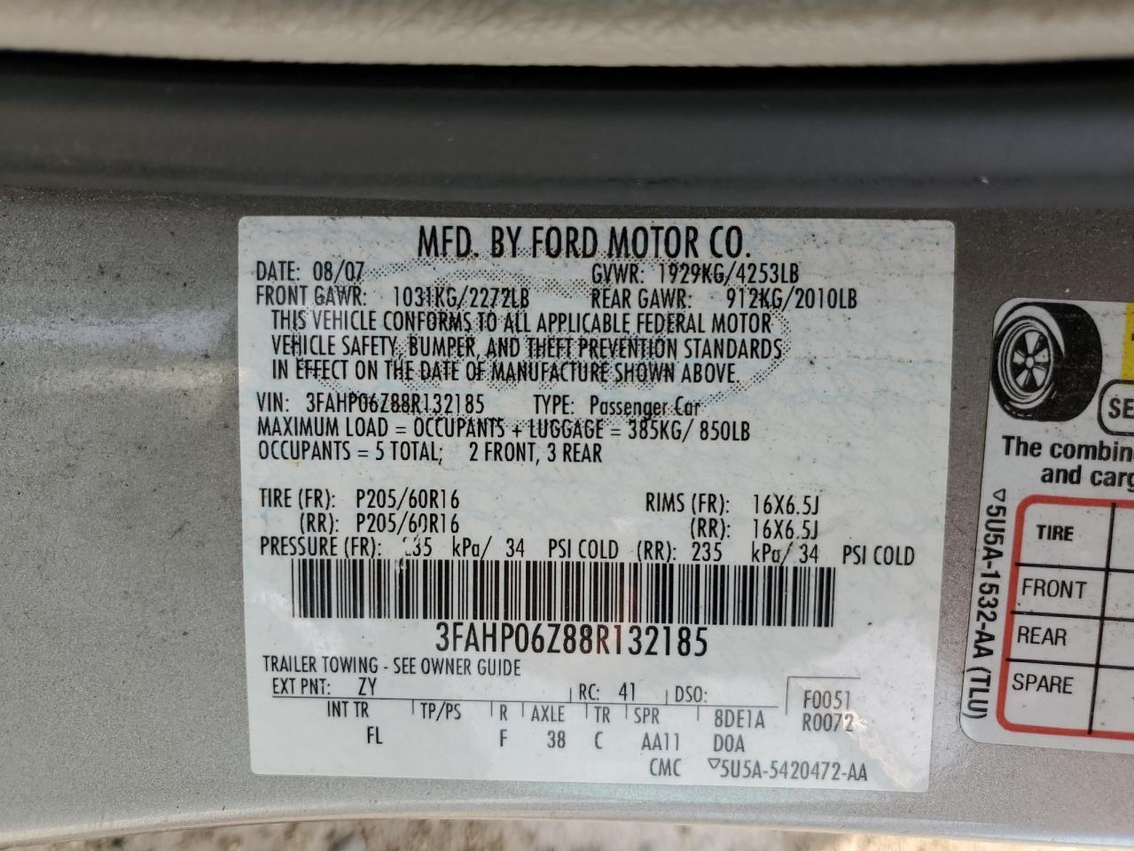 2008 Ford Fusion S VIN: 3FAHP06Z88R132185 Lot: 80335995