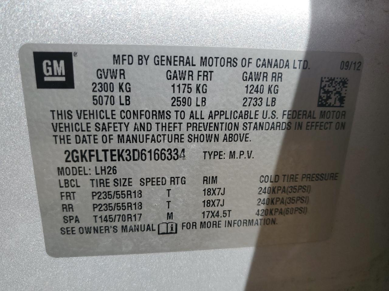 2013 GMC Terrain Sle VIN: 2GKFLTEK3D6166334 Lot: 84184945