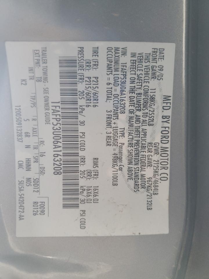 2006 Ford Taurus Se VIN: 1FAFP53U06A163208 Lot: 69444865