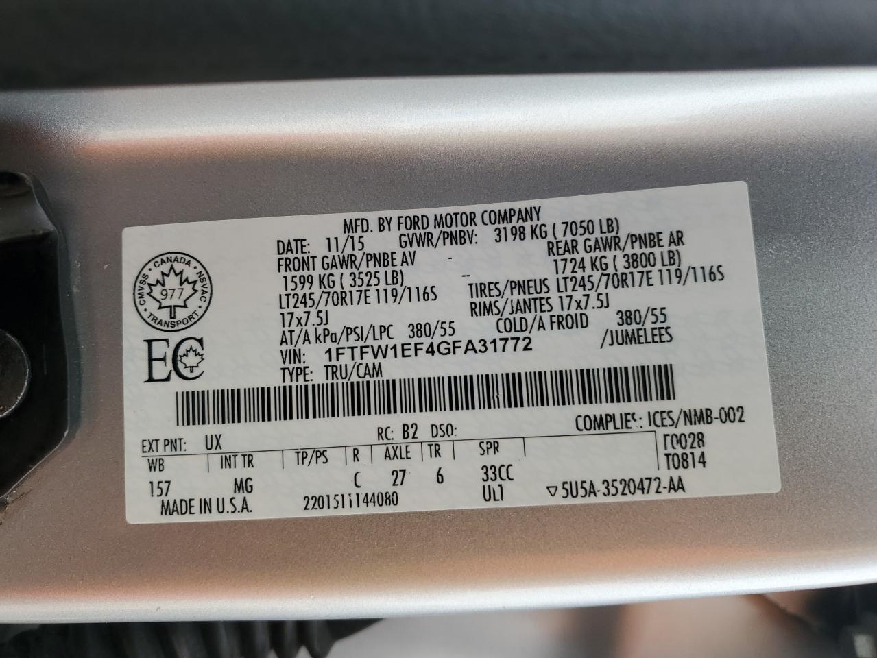 2016 Ford F150 Supercrew VIN: 1FTFW1EF4GFA31772 Lot: 81222785