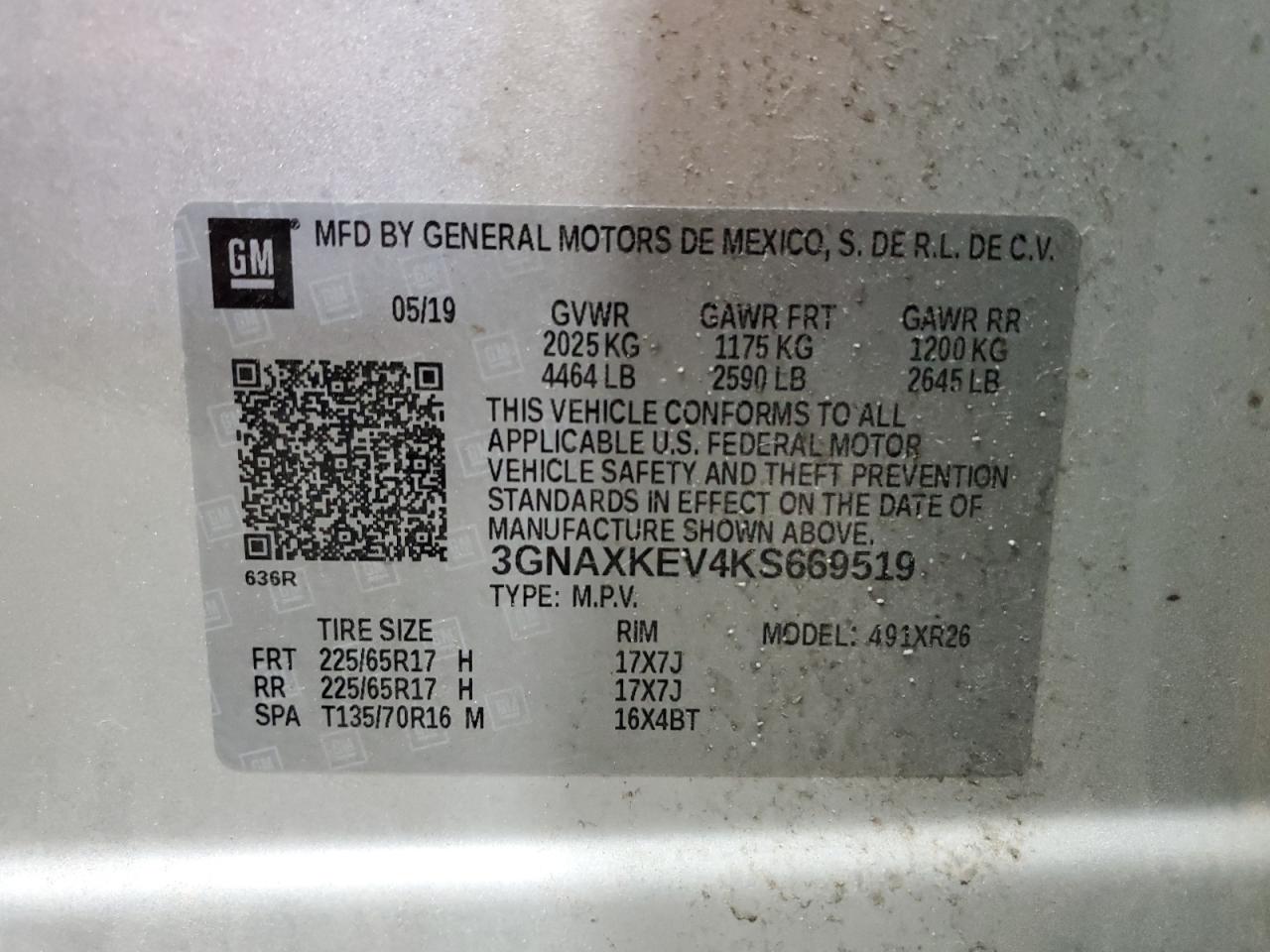 2019 Chevrolet Equinox Lt VIN: 3GNAXKEV4KS669519 Lot: 81198715