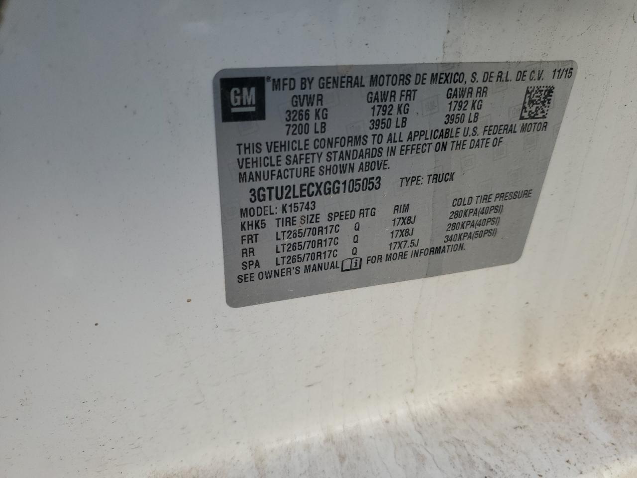 2016 GMC Sierra K1500 VIN: 3GTU2LECXGG105053 Lot: 71682765