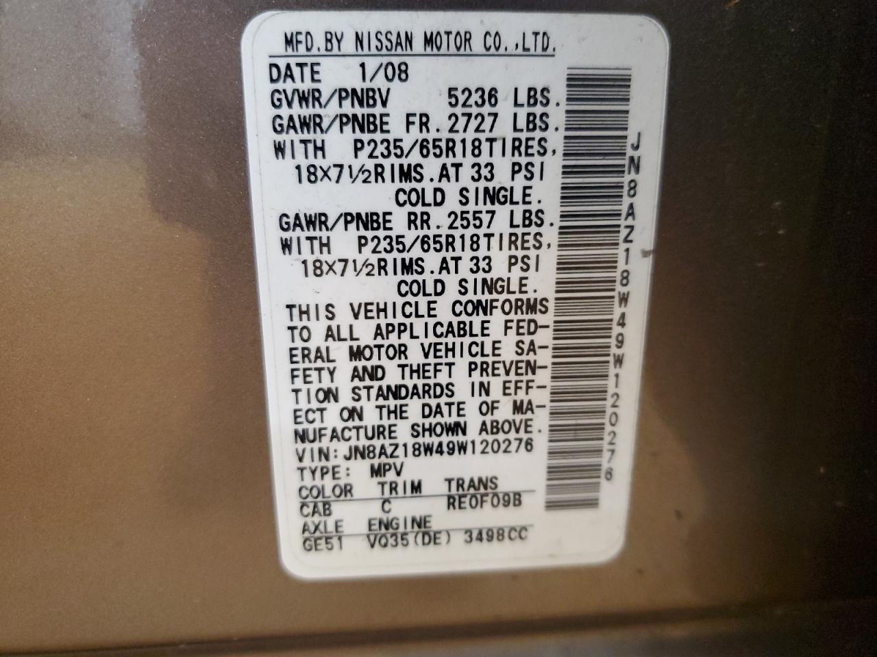 2009 Nissan Murano S VIN: JN8AZ18W49W120276 Lot: 71165195