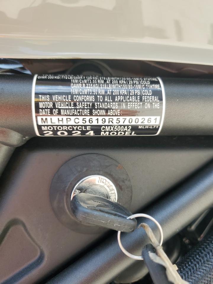 2024 Honda Cmx500 A2 VIN: MLHPC5619R5700261 Lot: 80434755