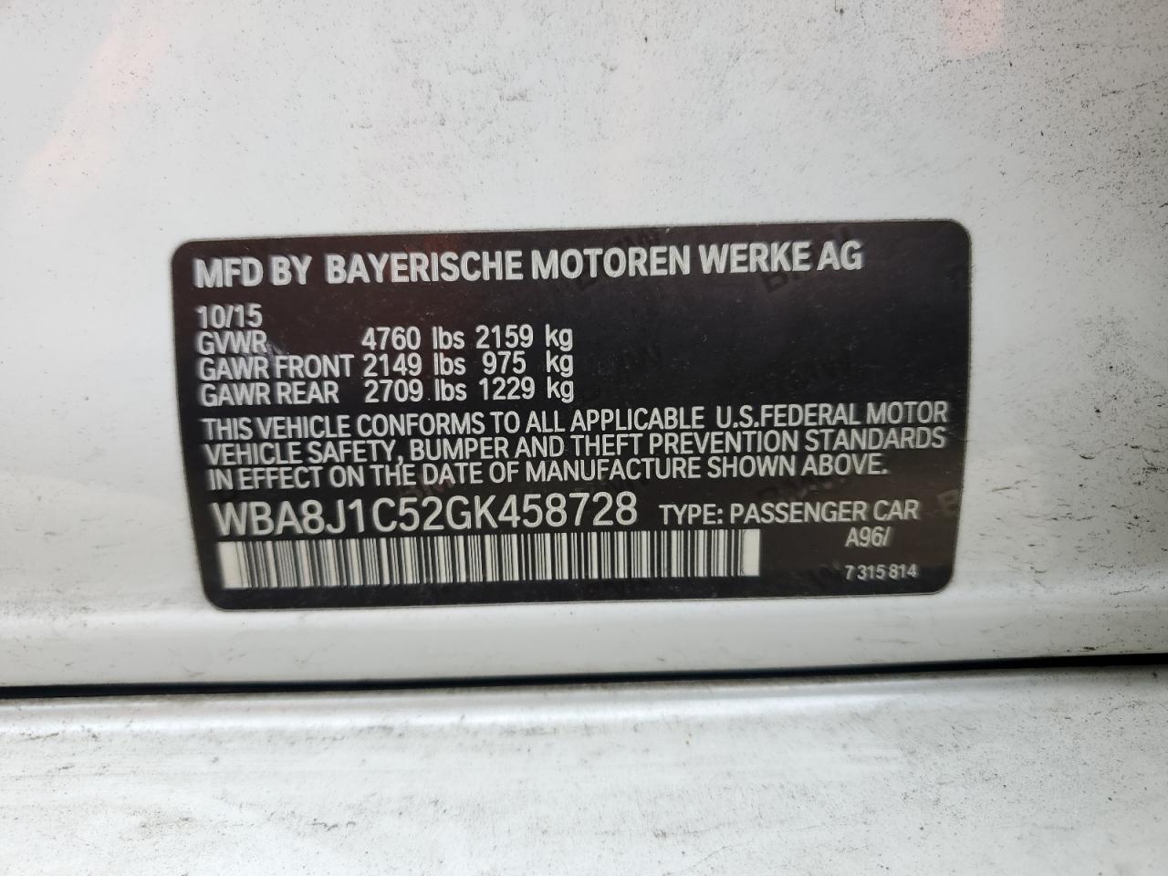 2016 BMW 328 D xDrive VIN: WBA8J1C52GK458728 Lot: 84019675