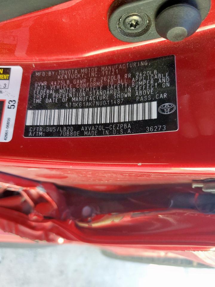 2022 Toyota Camry Xse VIN: 4T1K61AK7NU011487 Lot: 82028725