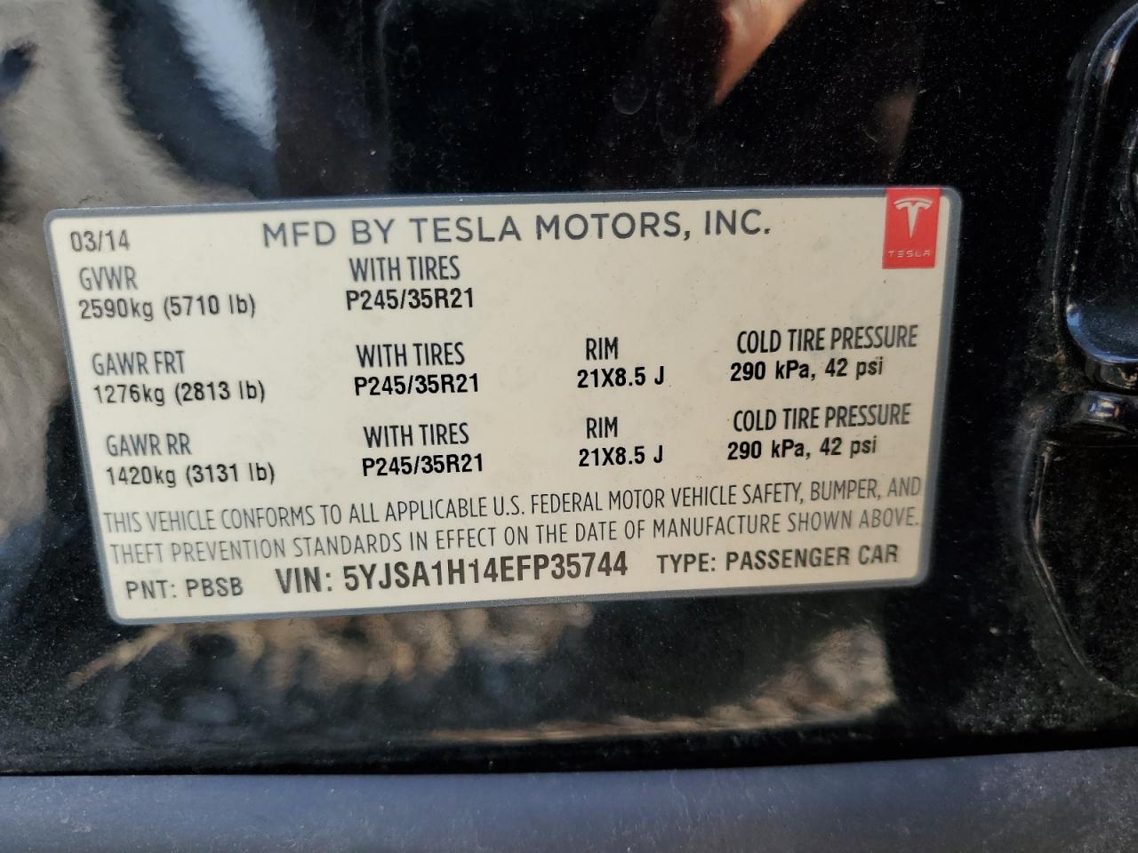 2014 Tesla Model S VIN: 5YJSA1H14EFP35744 Lot: 71887275