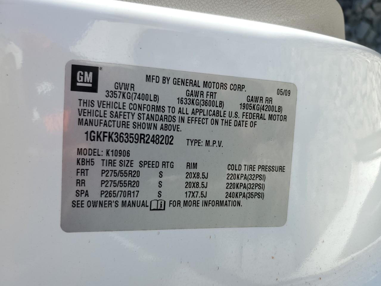 2009 GMC Yukon Xl K1500 Slt VIN: 1GKFK36359R248202 Lot: 80089295