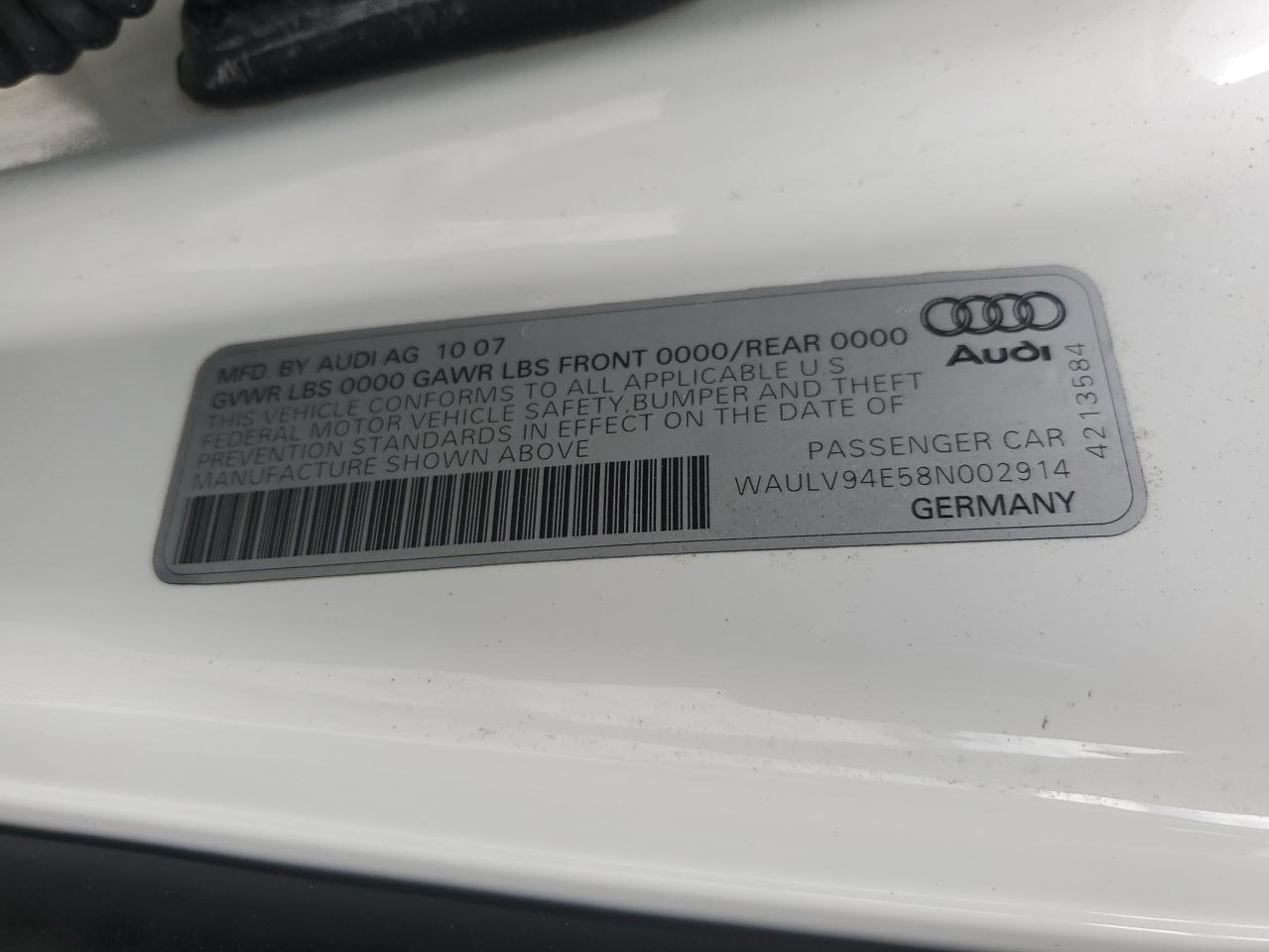 2008 Audi A8 4.2 Quattro VIN: WAULV94E58N002914 Lot: 81900375