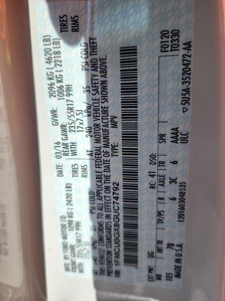 2016 Ford Escape Se VIN: 1FMCU0GX8GUC74792 Lot: 84411195