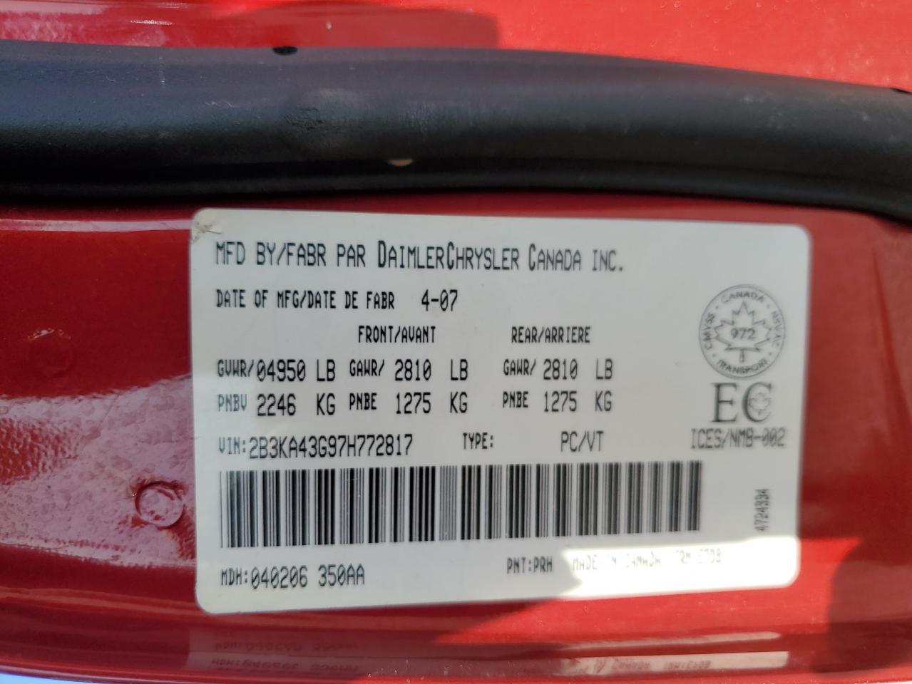 2007 Dodge Charger Se VIN: 2B3KA43G97H772817 Lot: 81264265