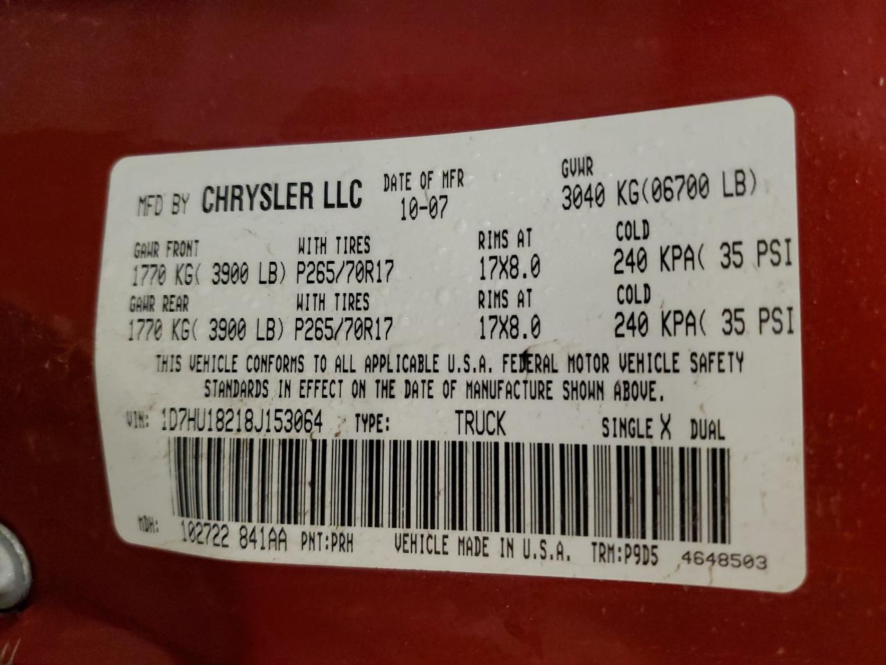 2008 Dodge Ram 1500 St VIN: 1D7HU18218J153064 Lot: 72072815
