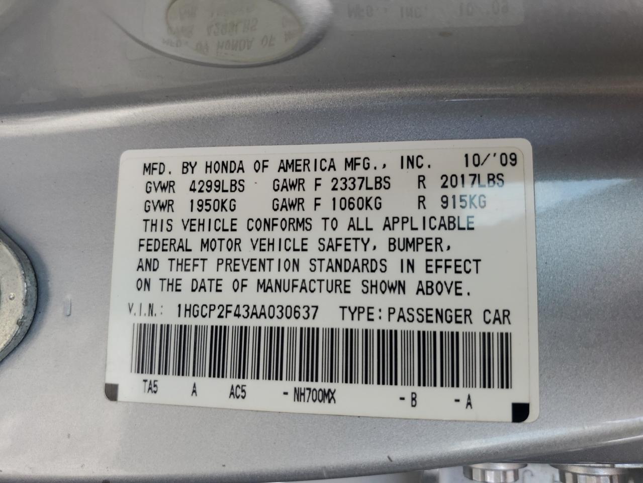 2010 Honda Accord Lxp VIN: 1HGCP2F43AA030637 Lot: 71188615