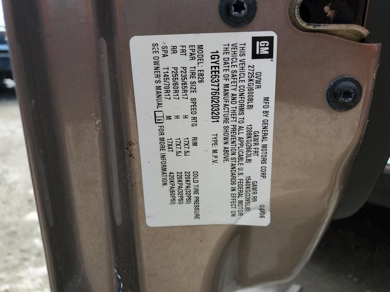 2006 Cadillac Srx VIN: 1GYEE637760203201 Lot: 71740985