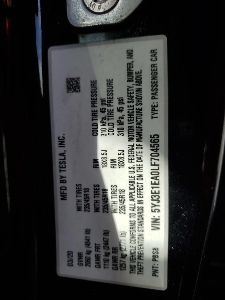 2020 Tesla Model 3 VIN: 5YJ3E1EA0LF704565 Lot: 81520135