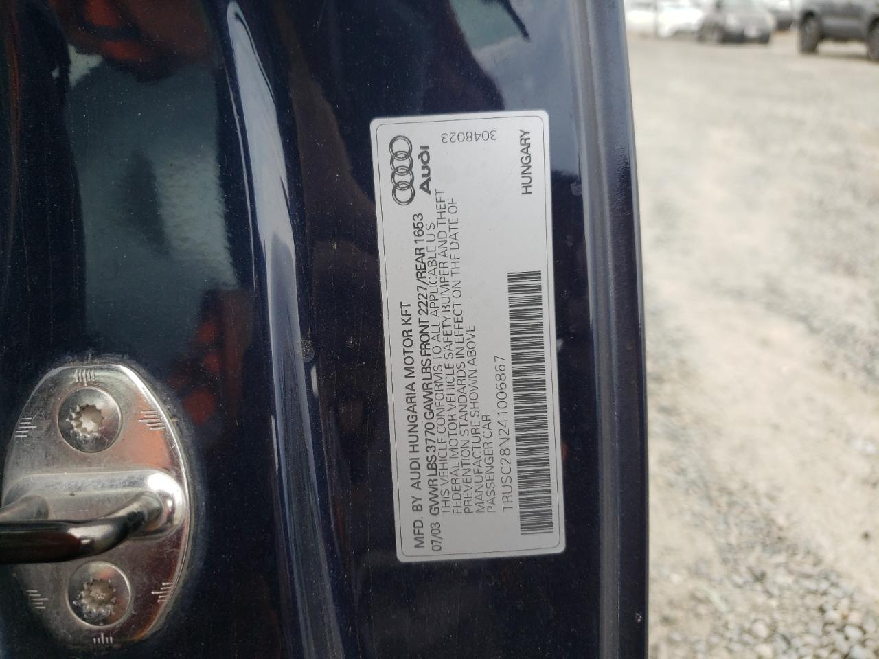 2004 Audi Tt VIN: TRUSC28N241006867 Lot: 81904865