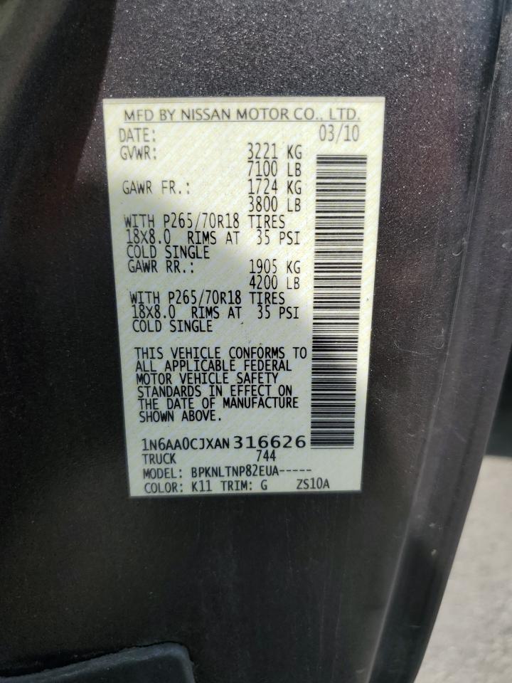 2010 Nissan Titan Xe VIN: 1N6AA0CJXAN316626 Lot: 72001995