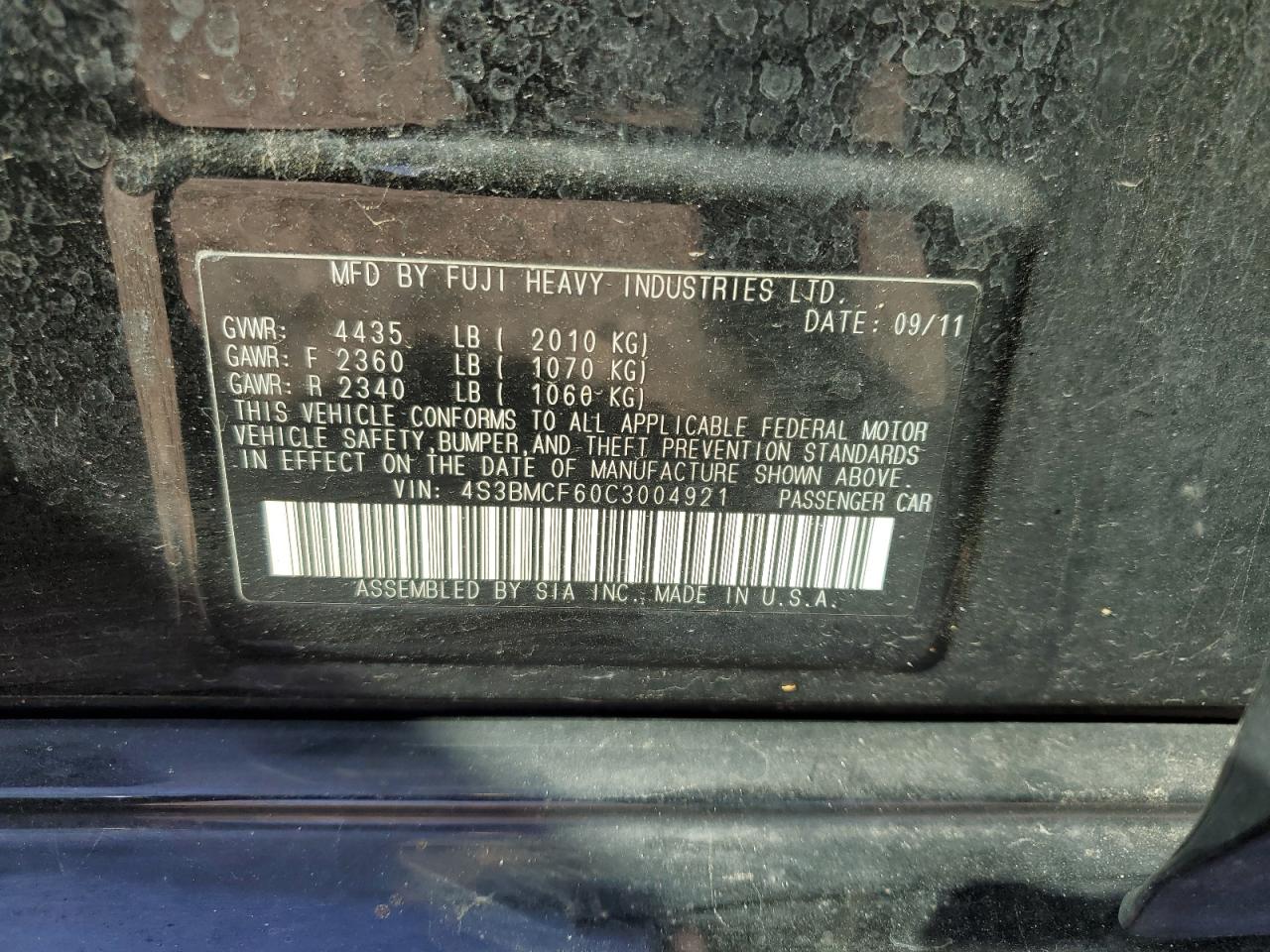 2012 Subaru Legacy 2.5I Premium VIN: 4S3BMCF60C3004921 Lot: 80020385