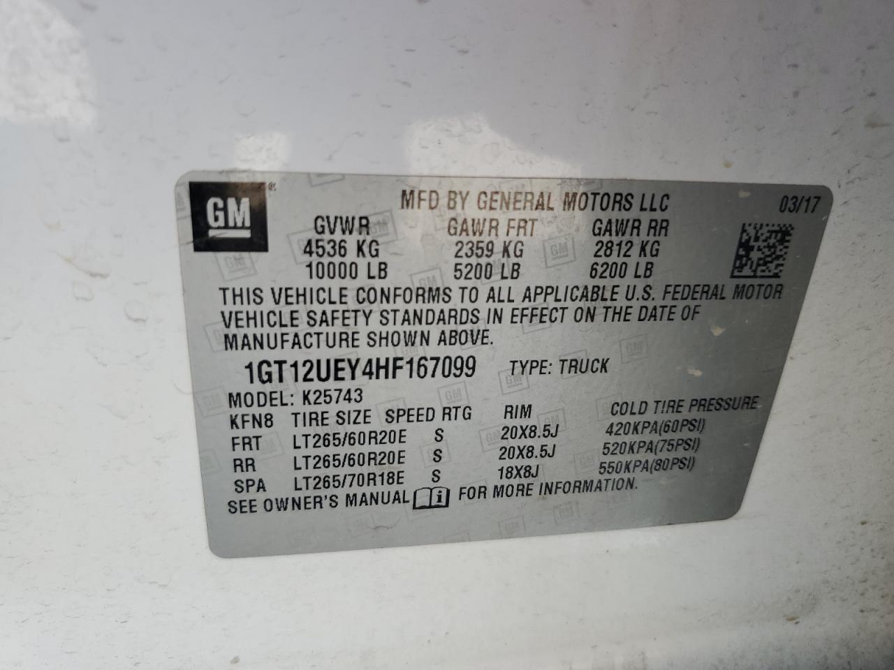 2017 GMC Sierra K2500 Denali VIN: 1GT12UEY4HF167099 Lot: 80382605