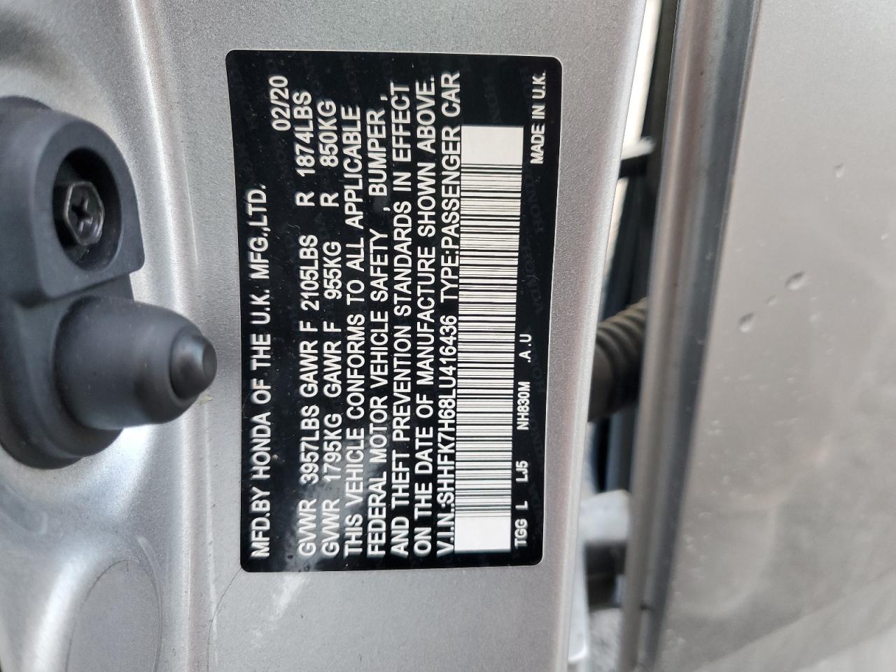 2020 Honda Civic Ex VIN: SHHFK7H68LU416436 Lot: 84219765