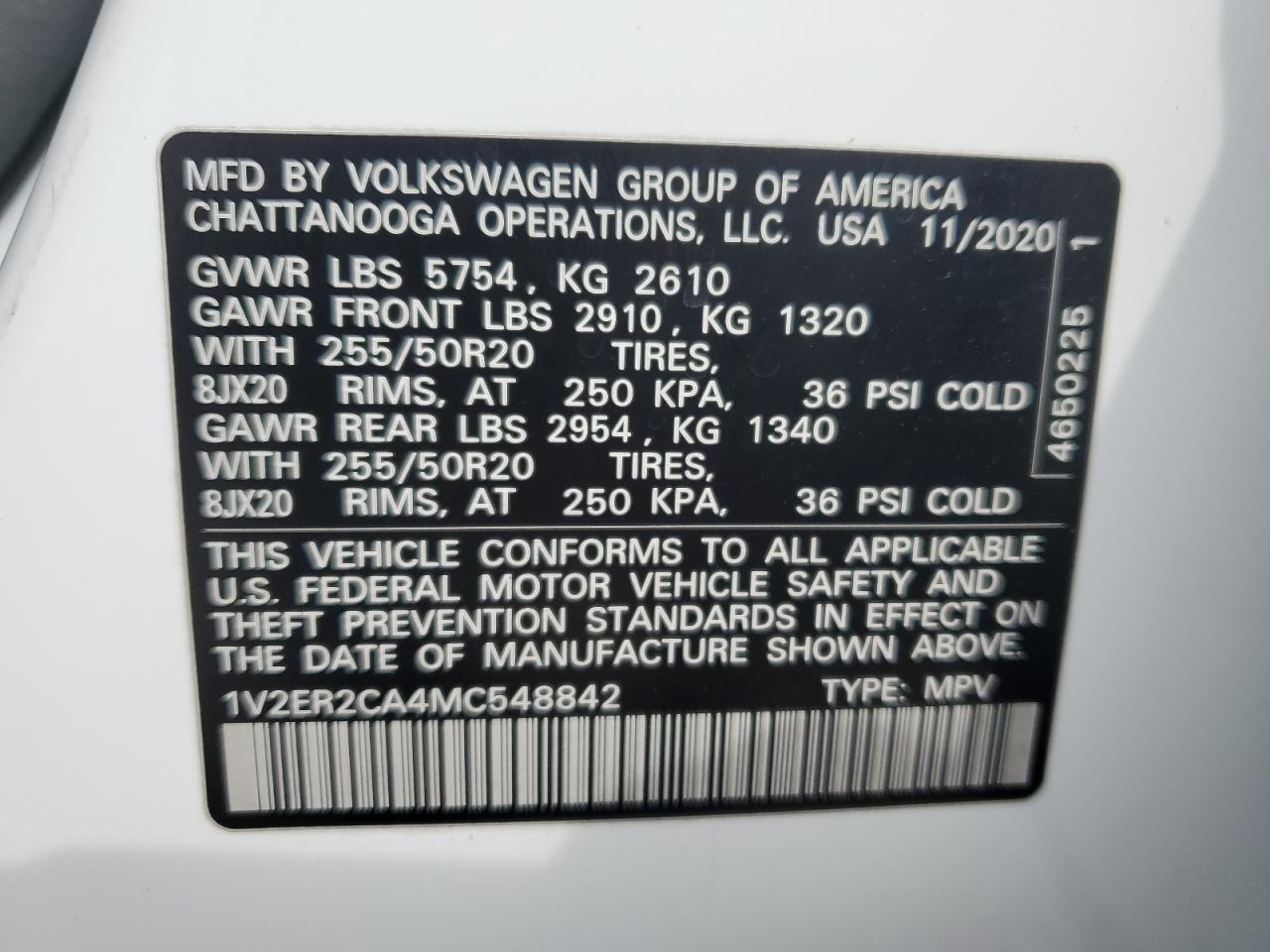 2021 Volkswagen Atlas Sel VIN: 1V2ER2CA4MC548842 Lot: 84401605