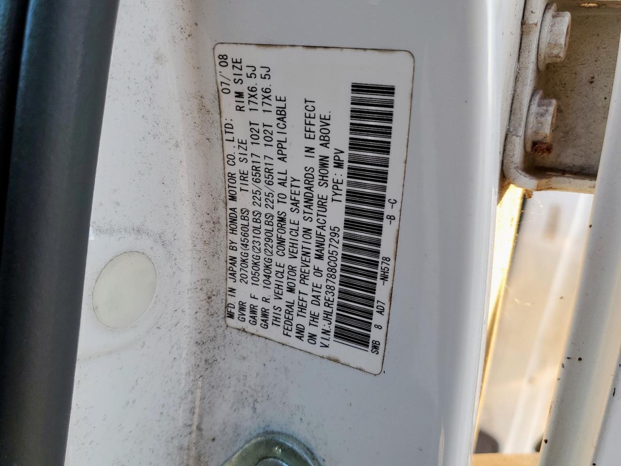 2008 Honda Cr-V Exl VIN: JHLRE38788C057295 Lot: 80903415