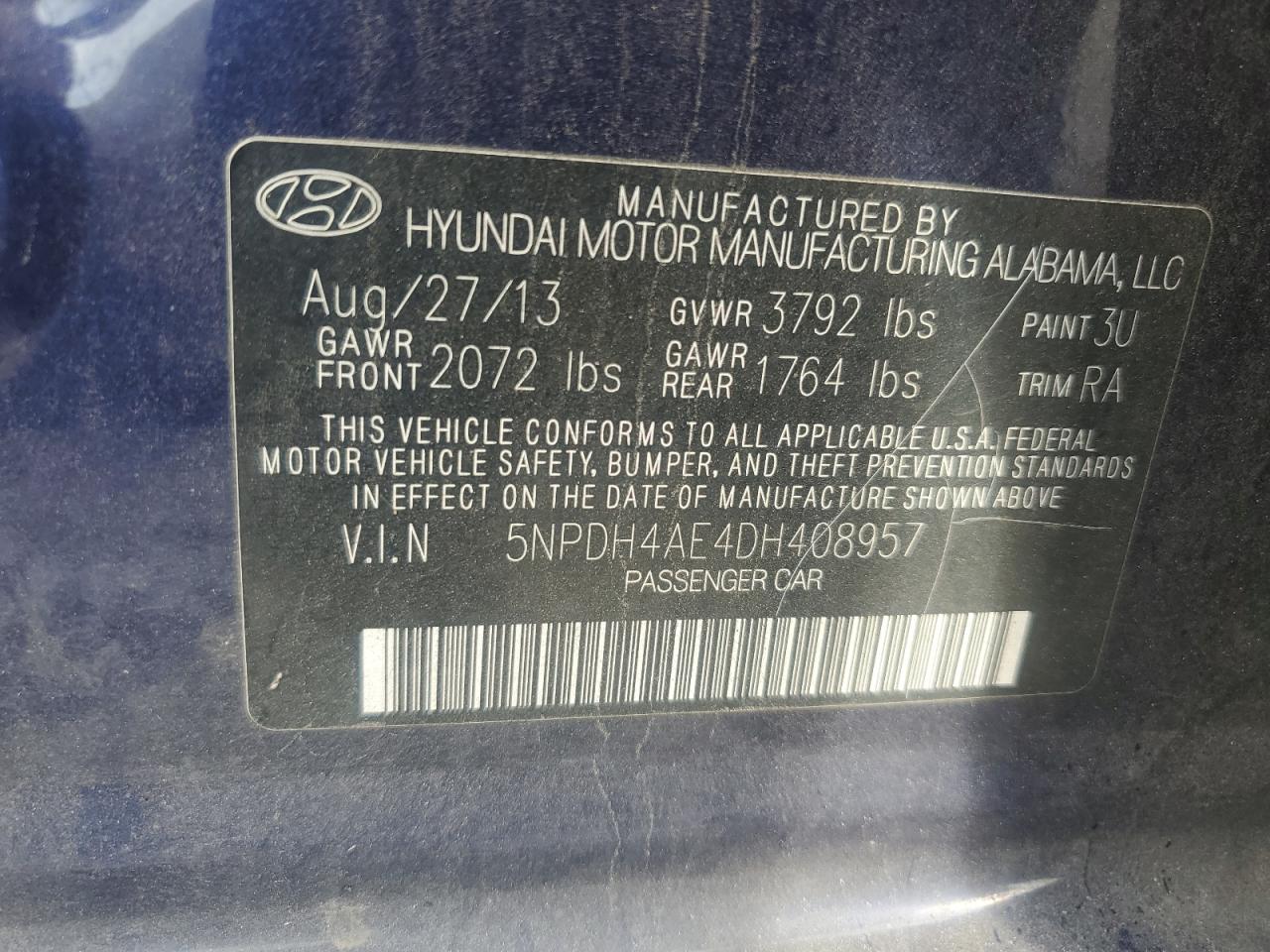 2013 Hyundai Elantra Gls VIN: 5NPDH4AE4DH408957 Lot: 71120915