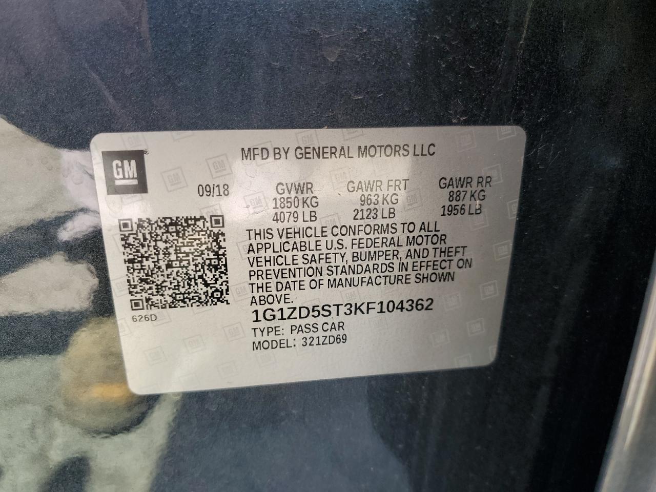 2019 Chevrolet Malibu Lt VIN: 1G1ZD5ST3KF104362 Lot: 71059875