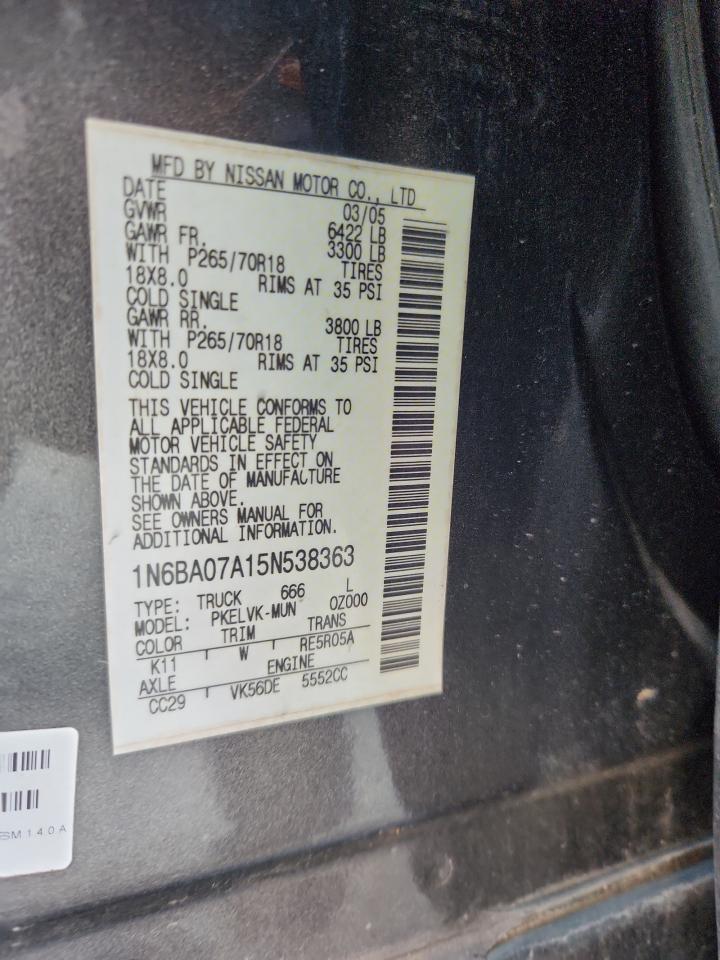 2005 Nissan Titan Xe VIN: 1N6BA07A15N538363 Lot: 80393295