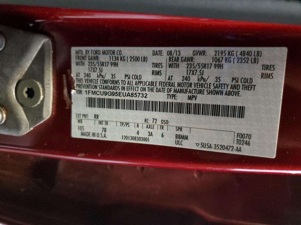 2014 Ford Escape Se VIN: 1FMCU9G95EUA85732 Lot: 83800835