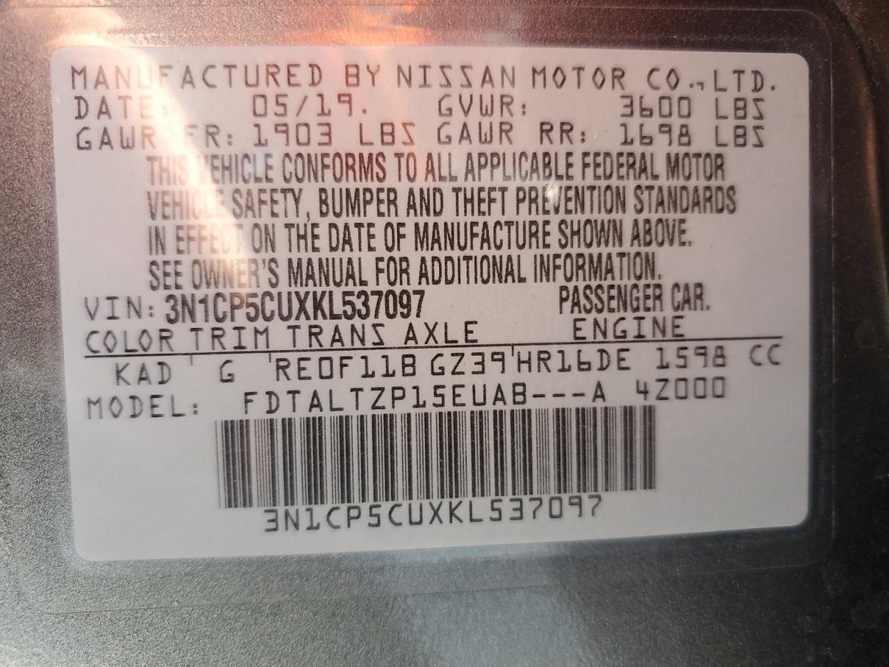 2019 Nissan Kicks S VIN: 3N1CP5CUXKL537097 Lot: 80296145