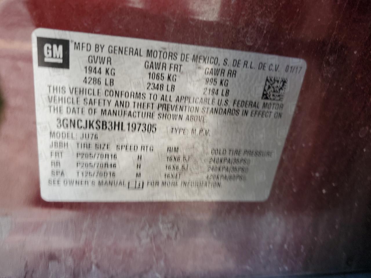 2017 Chevrolet Trax Ls VIN: 3GNCJKSB3HL197305 Lot: 80114195